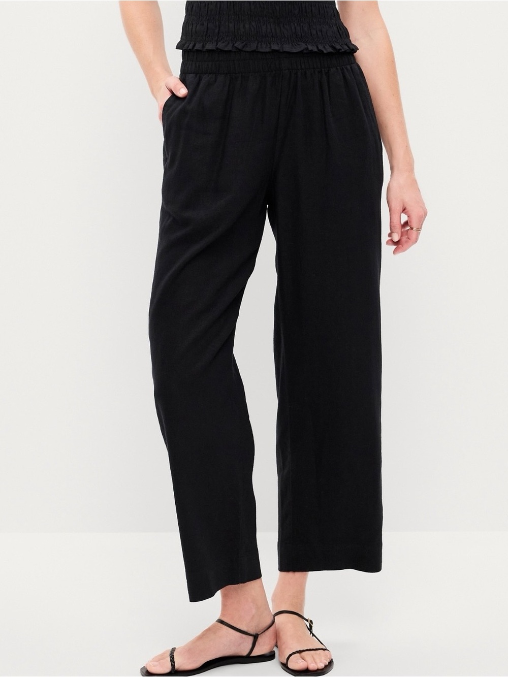 Black Straight-Leg Linen Blend Elastic Waist Pants